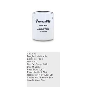 Filtro De Oleo Lubrificante Psl916 Tecfil